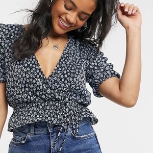 Pull and Bear Wrap Top in Blue Floral Print